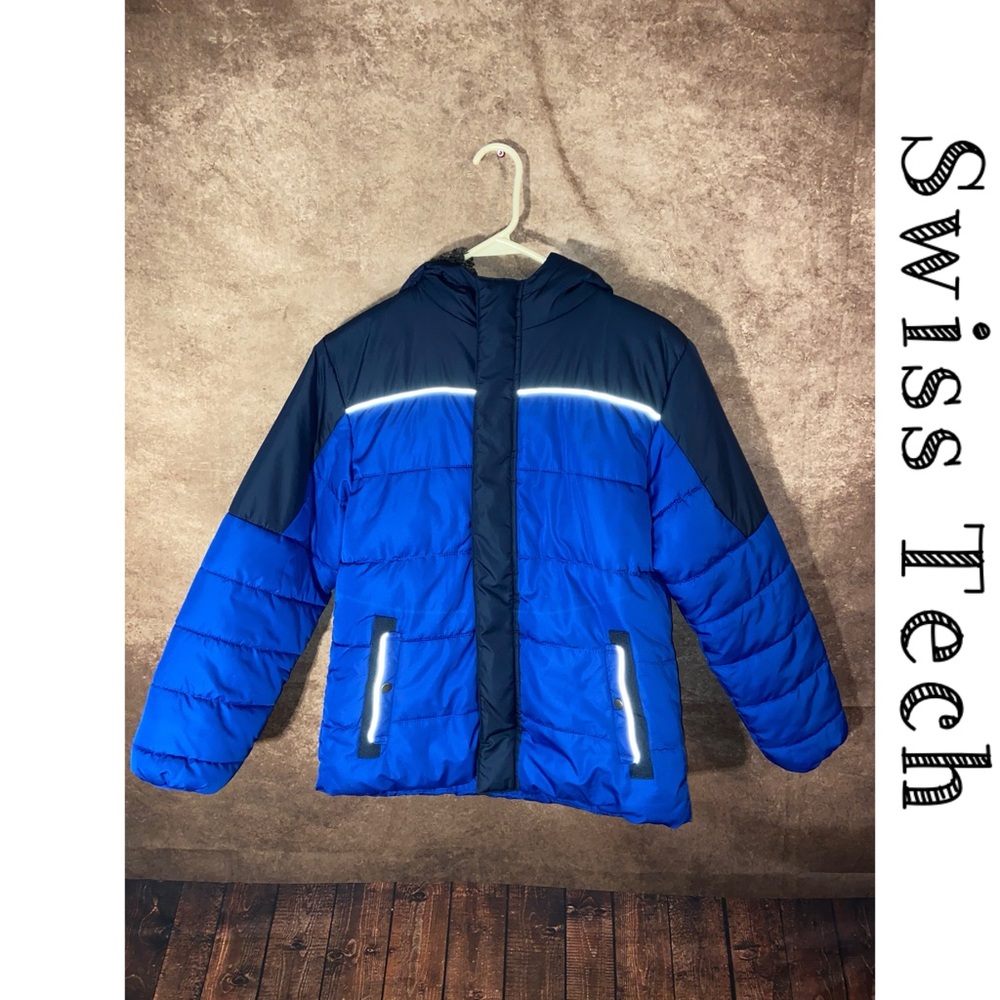 Swiss tech insulated winter coat-Boys size L 10/12-Blue/Black w/reflection-EUC